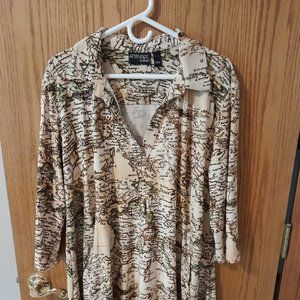 Attitudes by Renee Long Sleeve Missy Top - Hi-low Tunic, Beige & multi colored